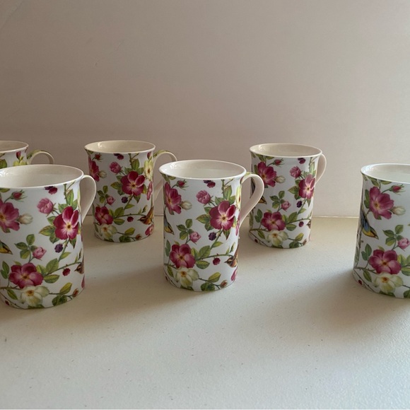 Set of 6 Stechcol Gracie Mugs Floral Bone China Bird Sparrow White Pink - Picture 1 of 6